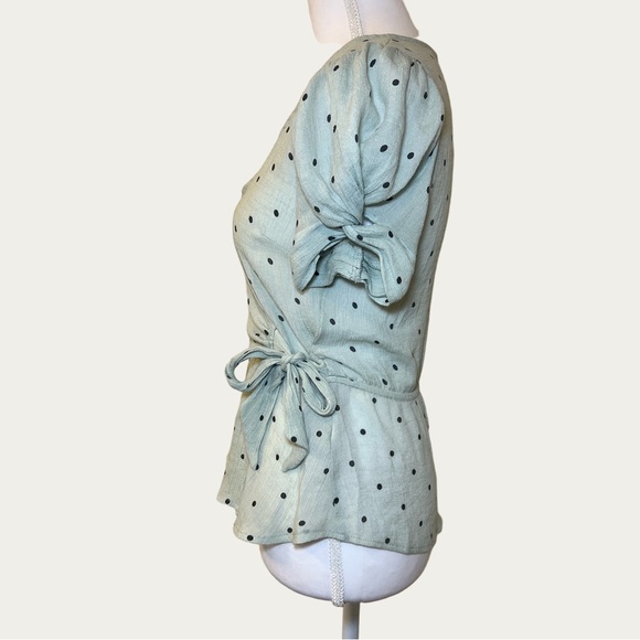 E & M Women’s Chic Mint And Black Polka Dot Wrap Blouse Bow Detail Size Small - Picture 4 of 15